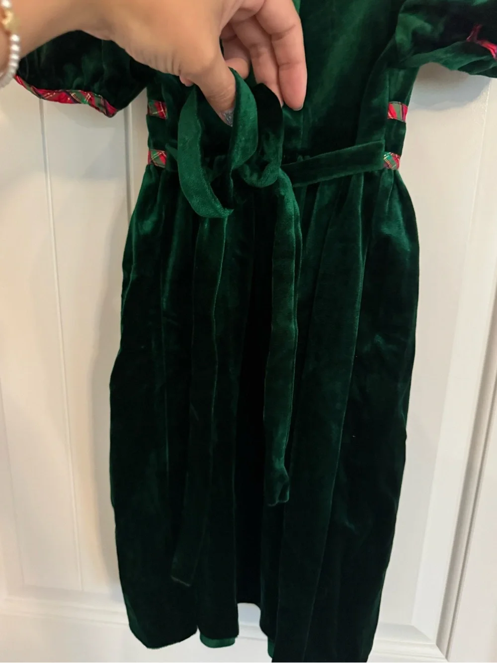 Rare Editions Dark Green Velvet Holiday Dress with Red Plaid Trim
